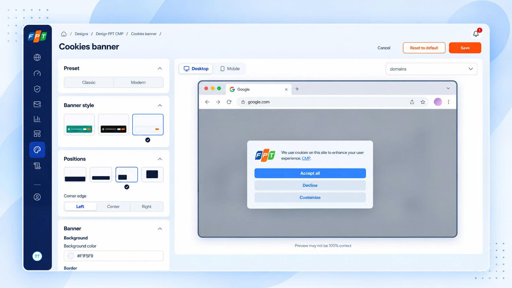 Giao diện Cookie Banner của FPT CMP